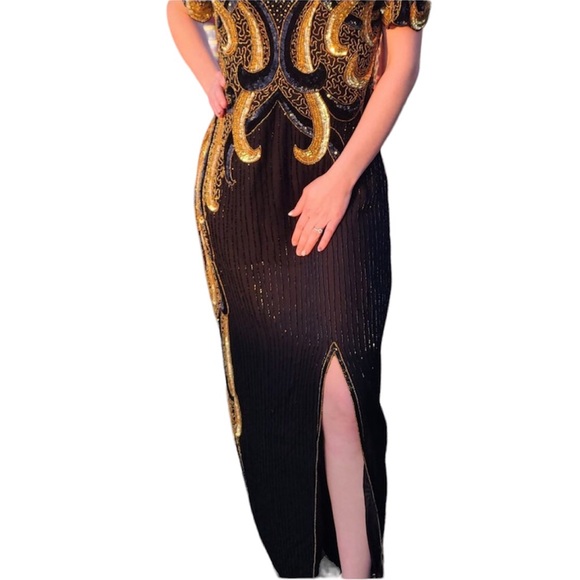 Vintage Riva Designs beaded and sequins black and gold dress SZ 1X. I-6 - Picture 2 of 13